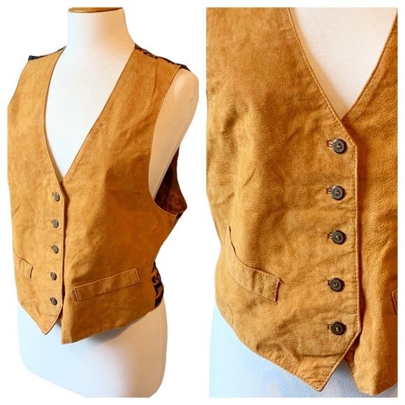 NWT Arizona Southwest Tan Leather Cowhide Button Front Vest - Large - Picture 1 of 7